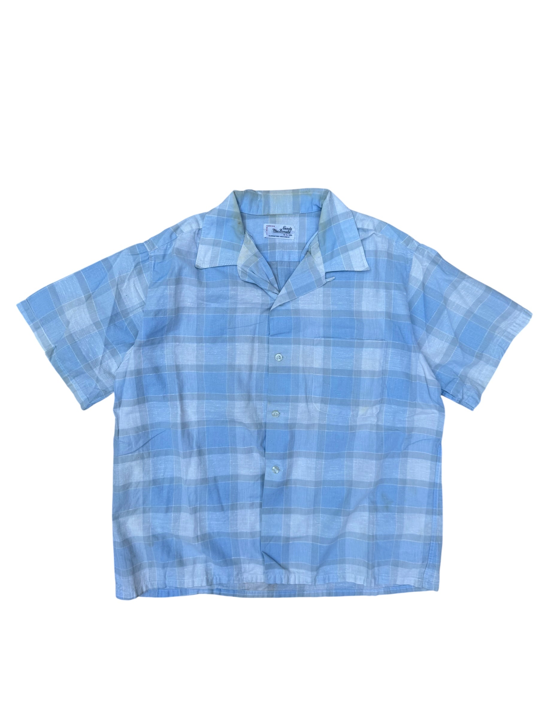 1950s Sandy MacDonald blue plaid short sleeve loop collar cotton shirt