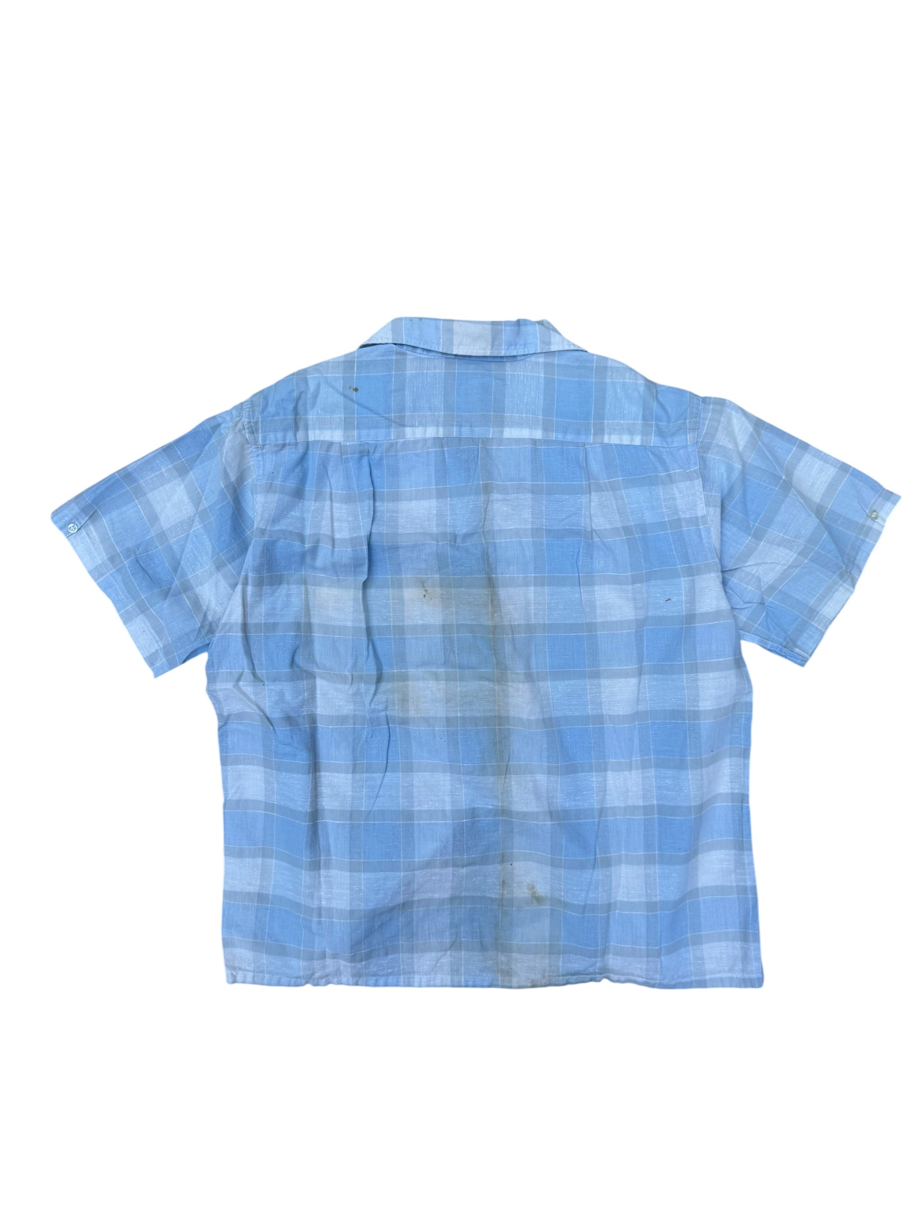 1950s Sandy MacDonald blue plaid short sleeve loop collar cotton shirt