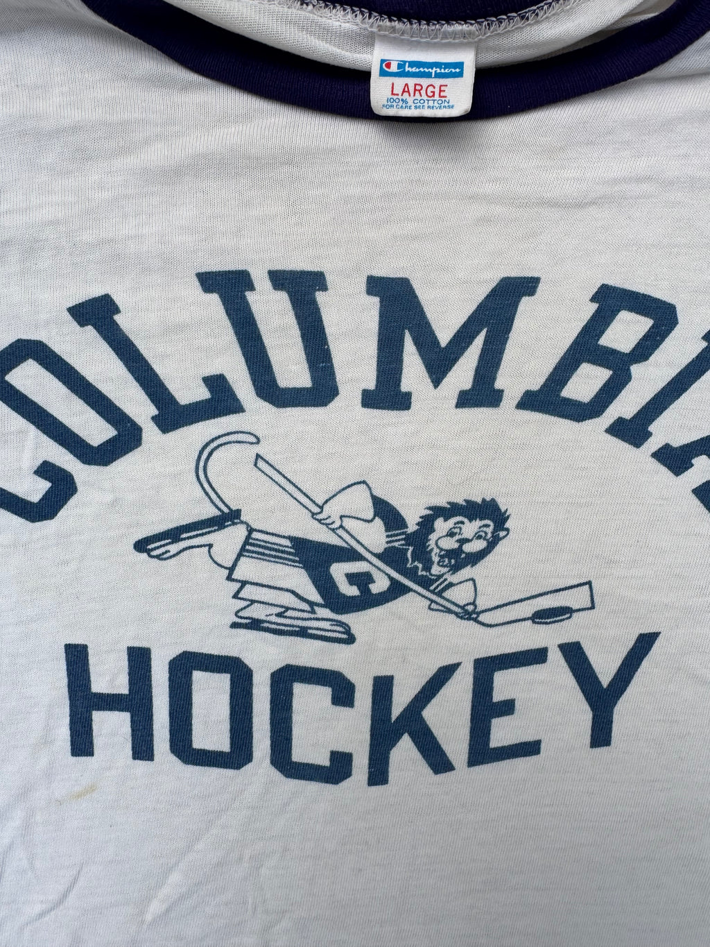 1970s Champion blue bar Colombia hockey print tee